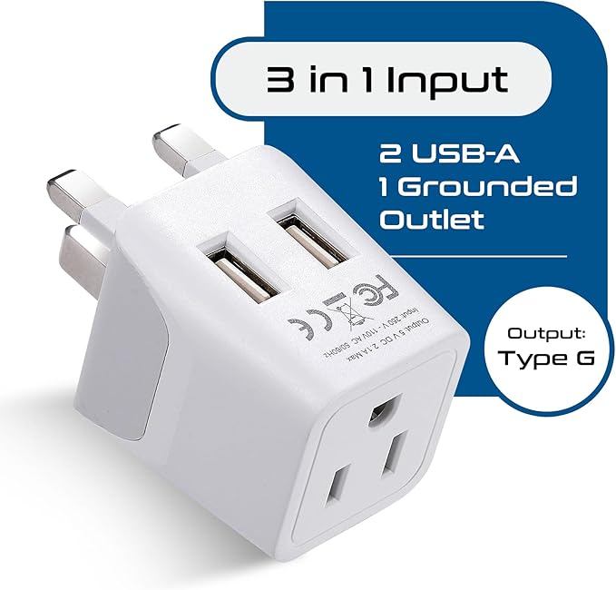 Ceptics Type G Travel Adapter - Canada to UK, Ireland & UAE Grounded Plug Adapter with Dual USB Ports for Electronic Devices (CTU-7)