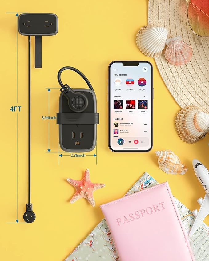 Travel Power Strip with USB Ports, NTONPOWER 4ft Flat Plug Wrapped Around Short Extension Cord with 4 Outlets 3 USB Ports, Compact for Cruise Travel Essential Hotel Home Office, Black