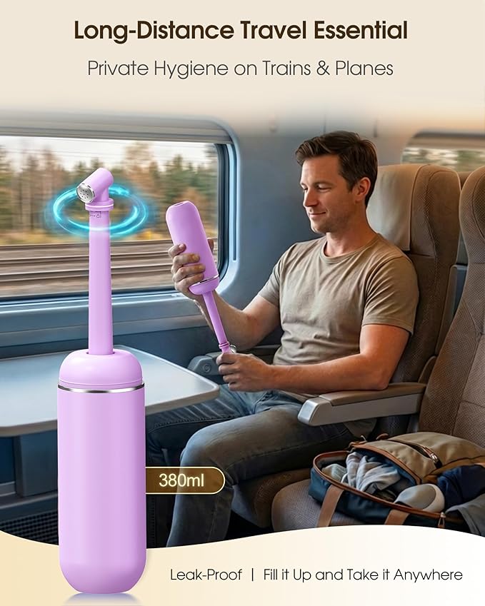Portable Bidet for Travel & Camping - Manual Squeeze Handheld Peri Bottle for Feminine Hygiene, 3 Leak-Proof Seals, Extendable Sprayer with Rotating Nozzle for Men & Women (Light Purple, General)