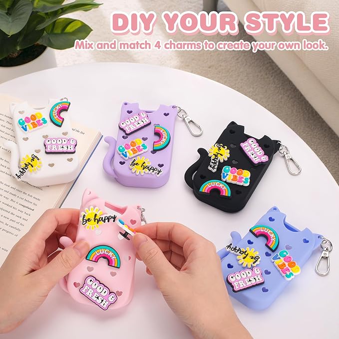 Silicone Case Holder Compatible with Hand Sanitizer Spray Touchland 1 fl oz, Cute Cat Ear Protective Case with Keychain & 4 Decorative Charms (Pink, 1P)