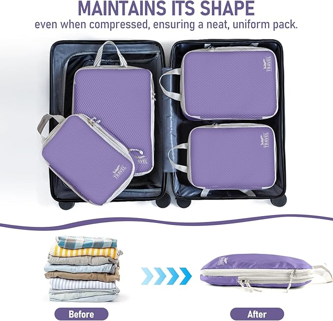 4 Set Compression Packing Cubes, Suitcase Organizer, Lightweight Travel Essentials, Compression Bags For Travel Accessories Luggage Storage Set (4 Pcs, Purple)