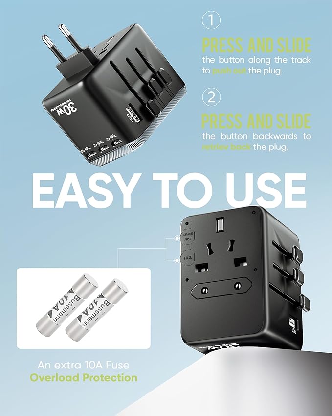 TenTrend Universal Travel Adapter, 30W International Power Adapter with 4 USB-C & 1 USB-A Ports, European Travel Plug Adapter, Worldwide Travel Essentials for EU UK AUS USA