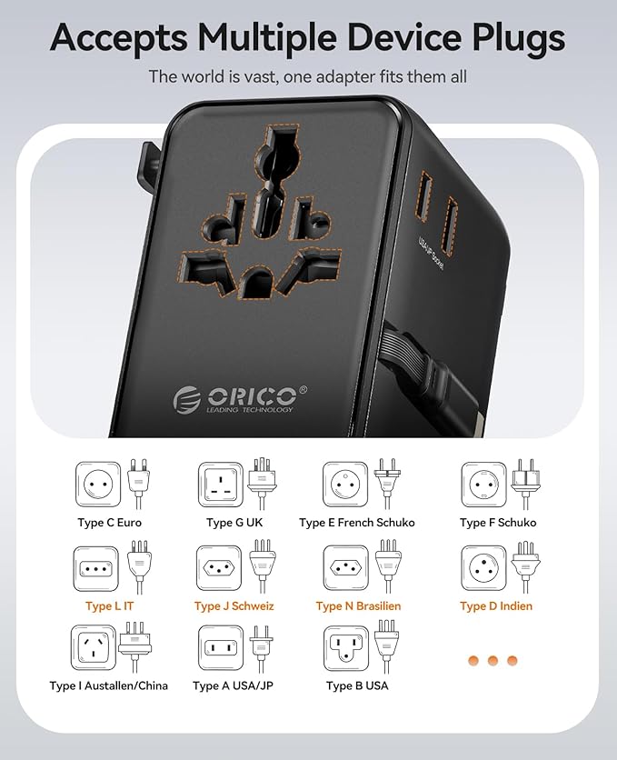 ORICO 70W Universal Travel Adapter with 2 AC Outlets and 3 USB-C and 2 USB-A Ports, Built-in Retractable USB-C Cable, Type A, C, G, I Outlets, International Travel Adapter for Global Travel