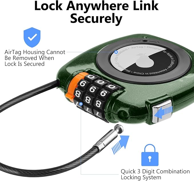 Compatible with Apple AirTag Secure Lock with Wire Cable, 3-Digit Combination Luggage Locks, Alloy Body Ultra Durable Anti-Lost Protective Case for Luggage, Suitcase (Green*4)