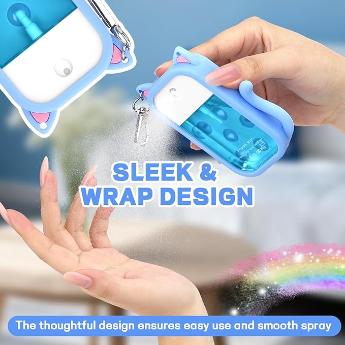 Cat Silicone Case Compatible with Touchland Hand Sanitizer Spray,1FL OZ/30ML Mist Holder with Keychain & 4 Cute Charms Accessory,Protective Cover for Touchland(1PCS Blue)