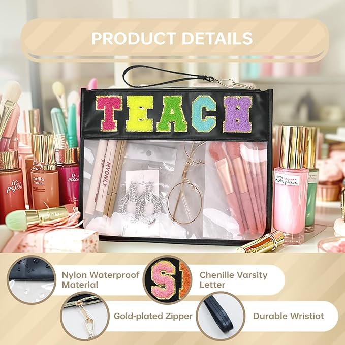 Siwara Snack Bags Clear Pouch Travel Makeup Bag Chenille Letter Bags for Zipper Pouch Clear Cosmetic Bag Clearly Tote Bag Makeup Travel Bags for Women