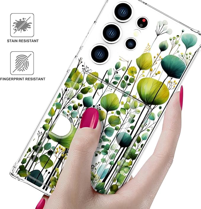Compatible with Samsung Galaxy S24 Ultra Case Card Holder for Women Cute Design,Wallet Phone Cases Transparent Cool Kawaii Protective (Clear Green Flower Leaves Buds)