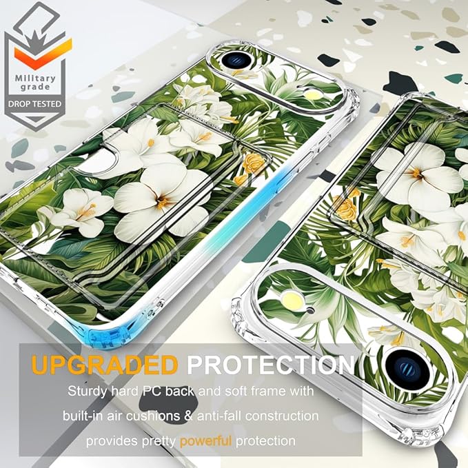 Compatible with iPhone 17 Air Case Card Holder for Women Cute Design,Wallet Phone Cases Transparent Cool Kawaii Protective (Clear Green Flowers Tropical Jungle)
