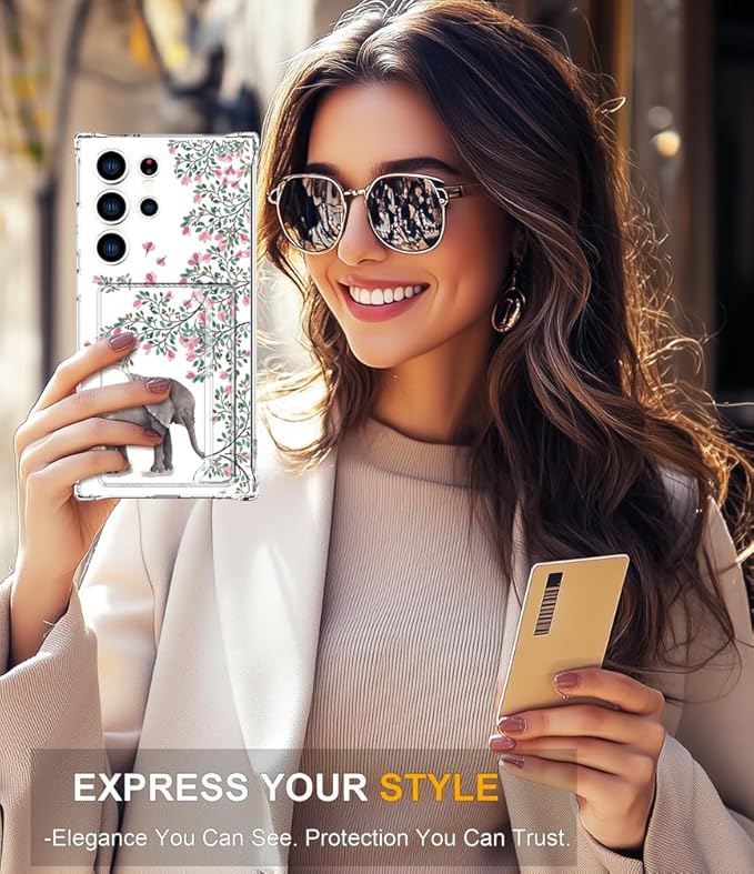 Compatible with Samsung Galaxy S24 Ultra Case Card Holder for Women Cute Design,Wallet Phone Cases Transparent Cool Kawaii Protective (Clear Elephant Flowers)
