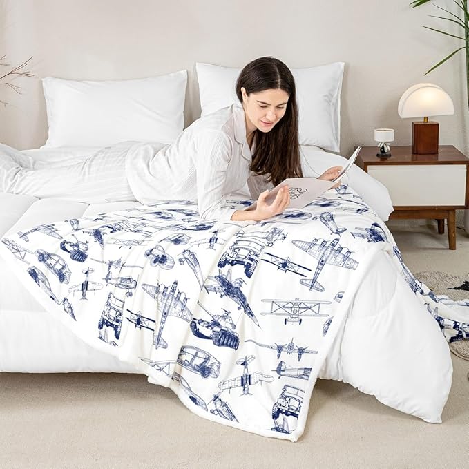 Airplane Kids Throw Blanket,American Aircraft Tank Toddler Bed Blanket for Girls Boys Adults,Racing Car Hand-Painted Sketch Fleece Blanket,Blue White Fuzzy Blanket,Queen Size (90 x 90 Inches)