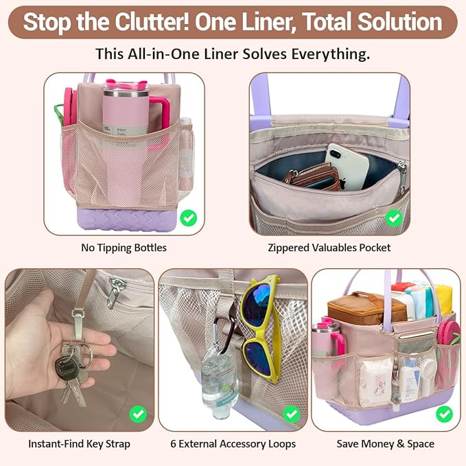 Beach Bag Organizer Compatible with Xl Large Bogg Bag Accessories 9 External Storage Mesh Pockets and Quick-Access Liner 8 Internal Pockets Zipper Pocket for Valuables Water-Resistant Durable Foldable