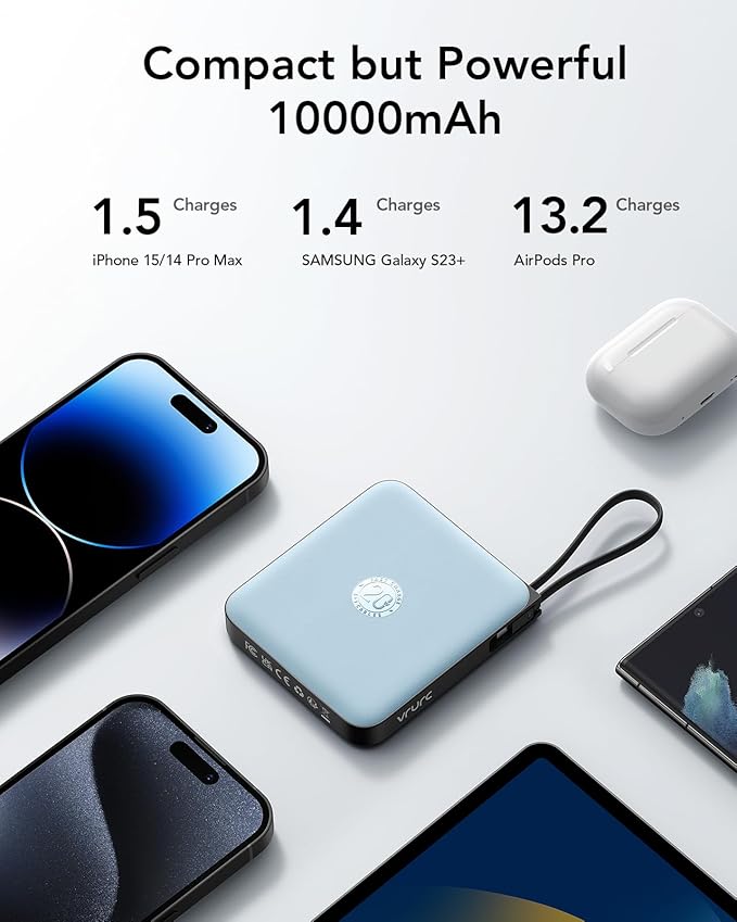 VRURC Portable Charger for iPhone with Built-in Cable, 10000mAh 22.5W Fast Charging USB C Battery Pack, Cell Phone Power Bank for iPhone 17 16 15 & Other Series (Blue)