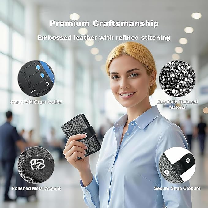 Passport Holder for Travel, RFID Blocking Leather Airtag Wallet for Women Men, Large Passport Cover Essentials Gift, Tickets, Cash, Photo, Sim Card Pen Slot, Black