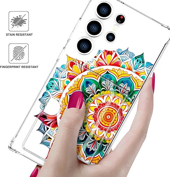 Compatible with Samsung Galaxy S24 Ultra Case Card Holder for Women Cute Design,Wallet Phone Cases Transparent Cool Kawaii Protective (Clear Mandala Henna Flower)