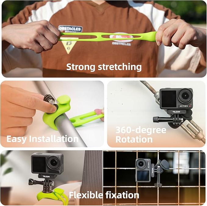 TELESIN Camera 360 Strap Mount Flexible Wrap Band Bike Motorcycle Handlebar Tube Roll Bar Stick Pole Ski Pole Mount for DJI Osmo Pocket 4, DJI Action/Osmo 360/Osmo Nano,Go Pro Hero,Akaso,Insta360