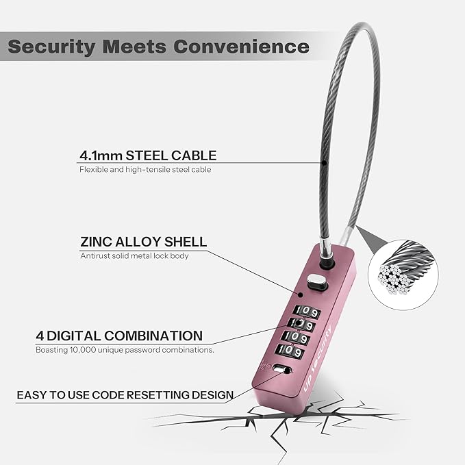 4 Digit Combination Cable Lock for Bike Scooter Motorcycle Helmet Safe, 11.8" Cable Chain Pink, Combo Travel Lock with Code for Luggage Suitcase, Wardrobe, Fridge Door, Fence Gate, Locker