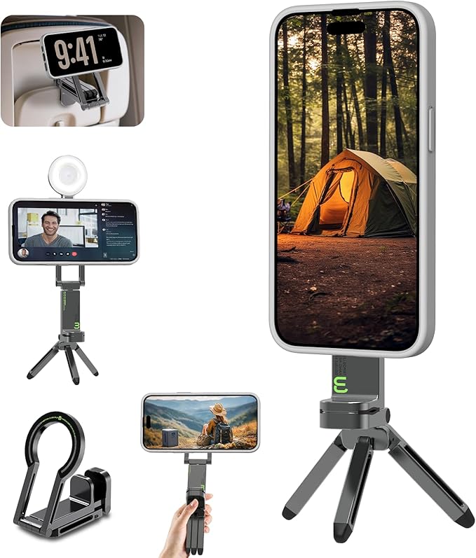 Hualele Magnetic Phone Tripod Stand for Magsafe Accessories - Mini Pocket Cell Phone Stand Strong Quick Mount Phone Holder Travel Essentials for Cell Phone Video Recording Camera Mounts, Black