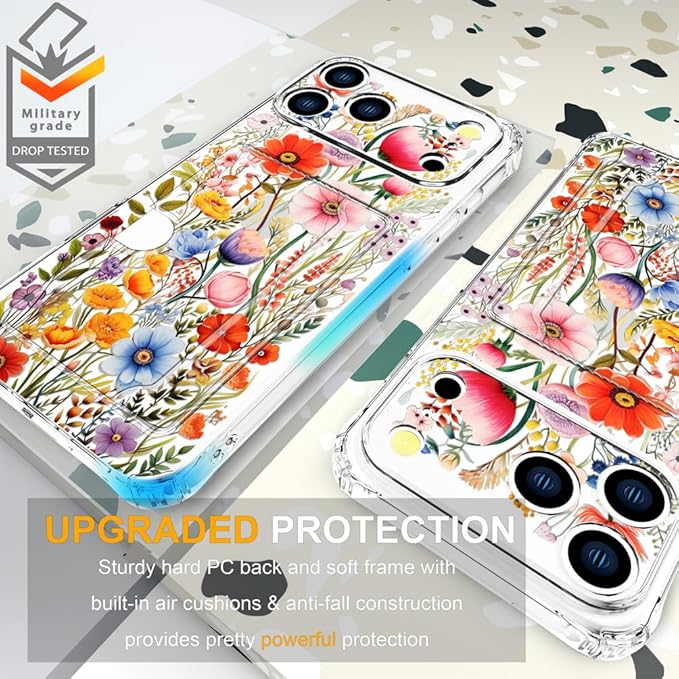 Compatible with iPhone 17 Pro Max Case Card Holder for Women Cute Design,Wallet Phone Cases Transparent Cool Kawaii Protective (Clear Flowers Lily Girly Florals)