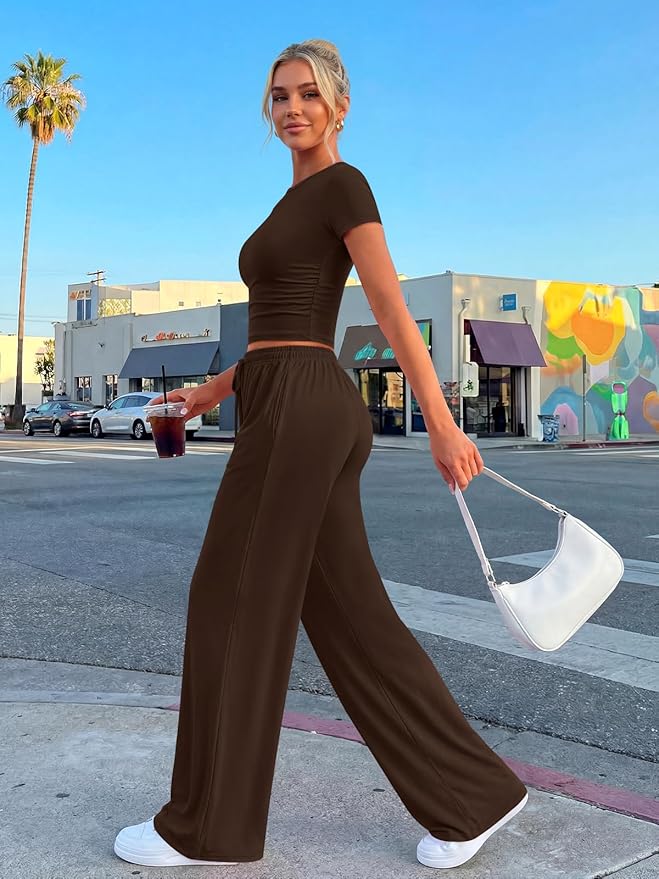 Trendy Queen 2 Piece Matching Summer Lounge Set Womens Side Ruching Top Wide Leg Pants Sets with Pockets