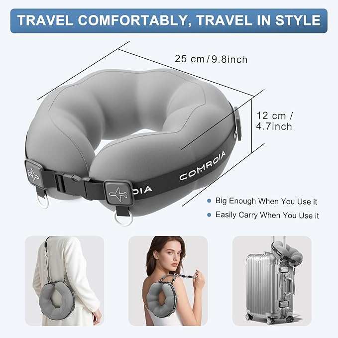 Travel Neck Pillow for Airplane Sleeping – 360° Head Support Prevents Bobbing, 100% Memory Foam Ergonomic Neck Cushion with No-Case-Needed Carry Strap for Long Flights & Car – Washable Cover (Grey)