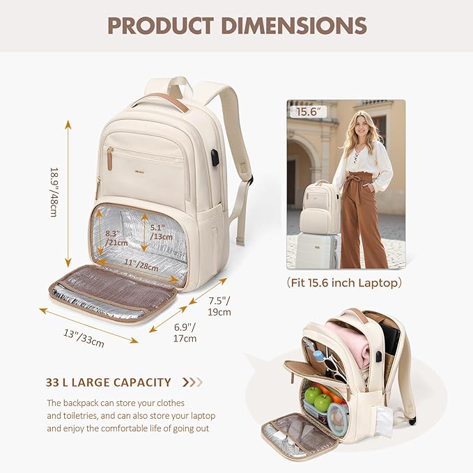 MDODO Lunch Backpack for Women Men,15.6Inch Insulated Lunch Box Backpack with USB Charging Port, Diaper Laptop Back pack for Travel Picnic Work Teacher Nurse,Beige
