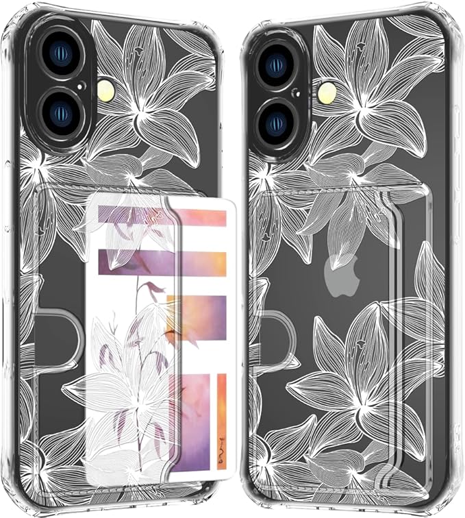 Compatible with iPhone 16 Plus Case Card Holder for Women Cute Design,Wallet Phone Cases Transparent Cool Kawaii Protective (Clear Flower White)