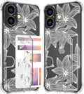 Compatible with iPhone 17 Case Card Holder for Women Cute Design,Wallet Phone Cases Transparent Cool Kawaii Protective (Clear Flower White)
