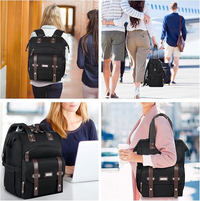 FALANKO Laptop Backpack For Women, Work Doctor Teacher Nurse Wide Open Bookbags 17.3 Inch Laptops Backpack with RFID, Water Resistant Computer Backpack for Men Women Black