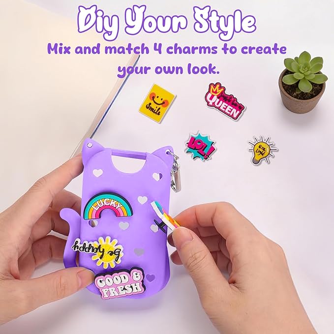 Cat Silicone Case for Touchland Hand Sanitizer Spray with Keychain&Charms,Compatible with Power Mist & Glow Mist 1 FL Oz/30ML for Touchland Case,Cute Travel Cover Sleeve Accessory (Purple Cat)