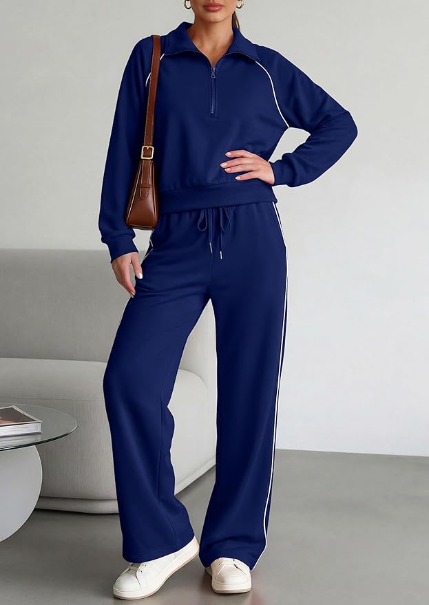 PRETTYGARDEN Women's 2 Piece Outfits Casual Lapel Half Zip Sweatshirts and Wide Leg Pants Tracksuit Sets