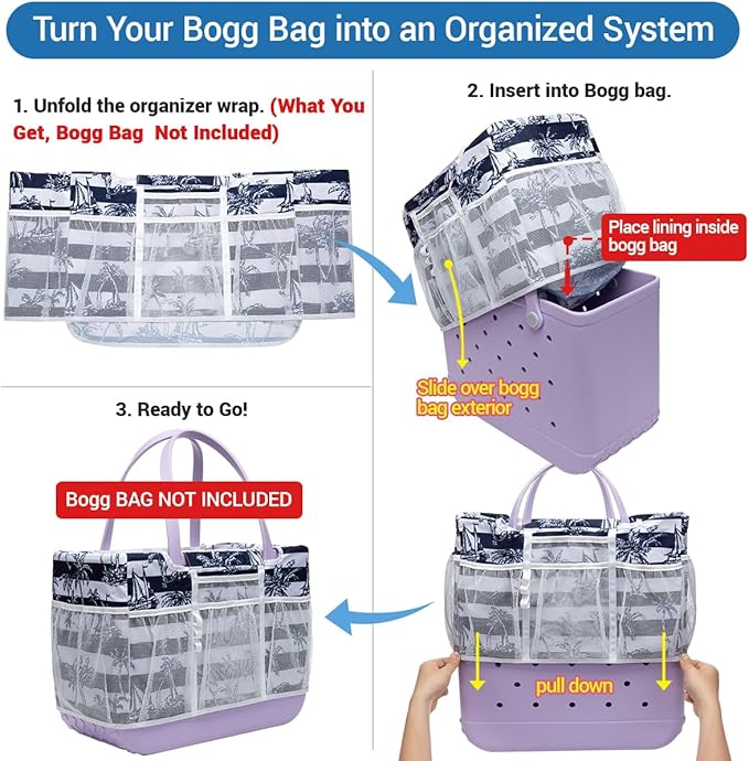 Custom Fit Organizer Bag Insert ONLY for Bogg Bag Custom Fit Inner Liner Pouch for Original Large XL Rubber Tote Zippered Organizer with Pockets for Beach Travel Sports Mom (BLUE WHITE STRIPE, LARGE)