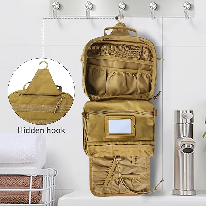 SUNRISING Tactical Travel Toiletry Bag for Men and Women, Hanging Travel Toiletry Organizer Dopp Kit, Toiletries Shaving Hygiene Bathroom Bag,Men's Toiletry Bag for Short Trips Camping - Khaki