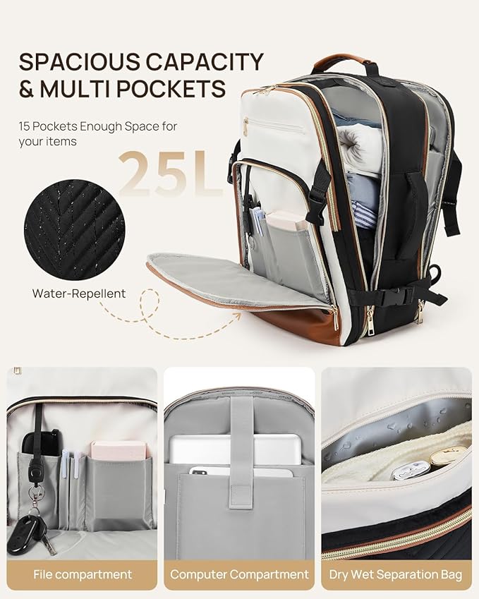 Telena Travel Backpack for Women, 15.6 inch Laptop Backpack TSA Carry on Backpack Personal Item Size Flight Approved Travel Bag Daypack with Multi-Pockets for Work, Travel, Business, Black-Beige-Brown