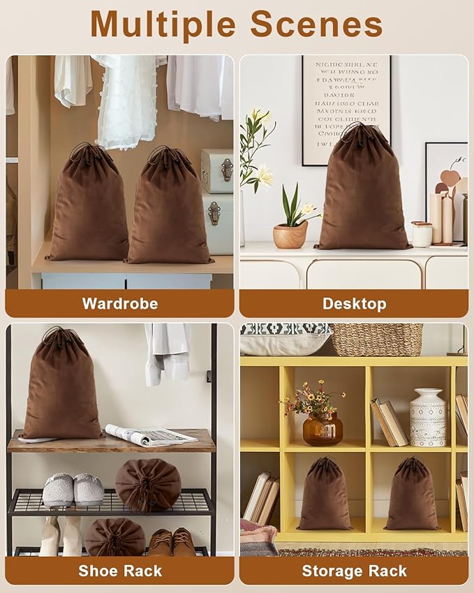FantasyLife Shoe Bags for Travel, Washable Dust Bags for Storage & Packing, Flannel Shoe Pouch with Drawstring Closure for Purses, Handbags, Shoes & Toys (2, Mocha Mousse, 17.3"x12.6")