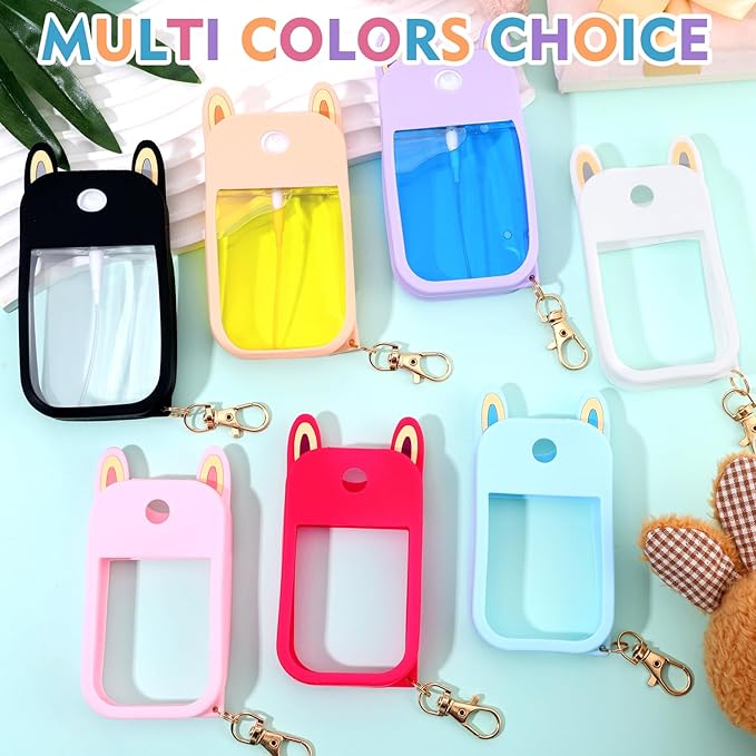 7 Pcs Silicone Case Compatible with Touchland Hand Sanitizer Spray, Cute Bunny Ear Protective Spray Holder Travel Size with Keychain Set for Power Mist & Glow Mist 1 fl oz, Hand Sanitizer Accessory