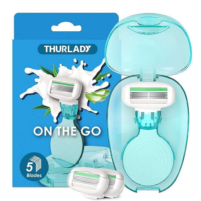 Travel Essentials Razors for Women, 5-Blade Womens Razors for Shaving, Travel Size Toiletries Women Razor Kit, Includes 1 Mini Handle with 3 Refills & 1 Case, Extra Smooth Shave (Ocean Blue)