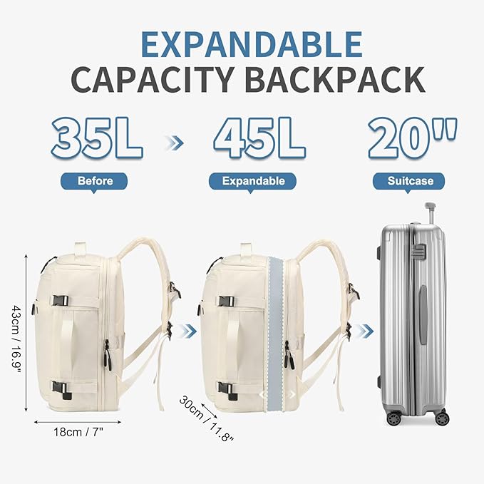 35L Travel Backpack 17" Laptop Backpack W/USB-C Port, Expandable Carry-On Bag, TSA Flight Approved Water-Resistant for Business College, White