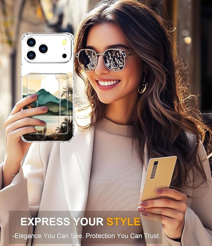 Compatible with iPhone 17 Pro Max Case Card Holder for Women Cute Design,Wallet Phone Cases Transparent Cool Kawaii Protective (Clear Ocean Sun Mountains Sunset)