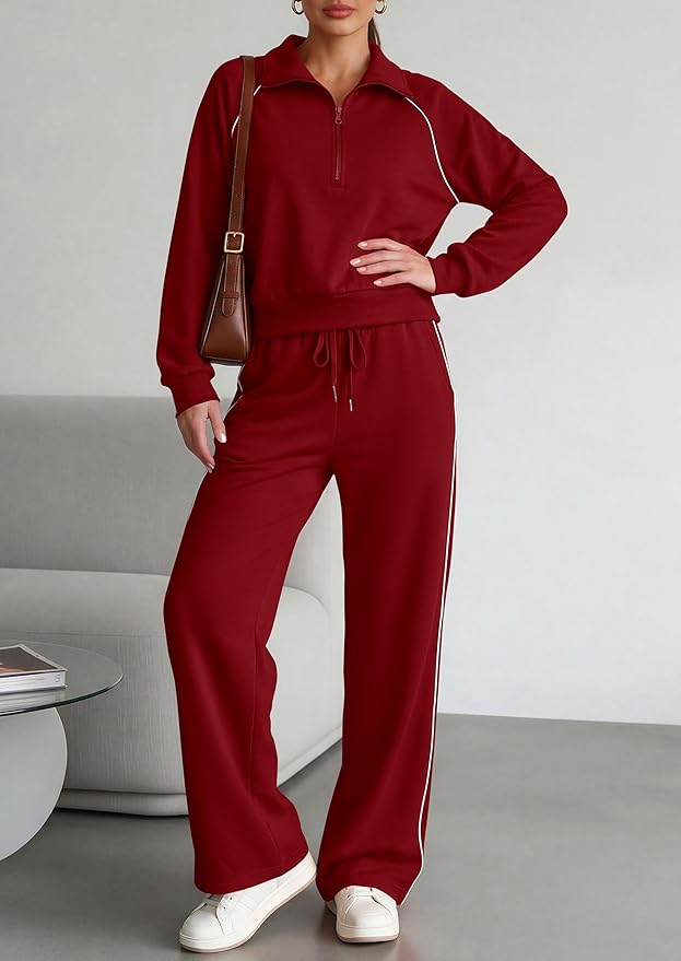 PRETTYGARDEN Women's 2 Piece Outfits Casual Lapel Half Zip Sweatshirts and Wide Leg Pants Tracksuit Sets