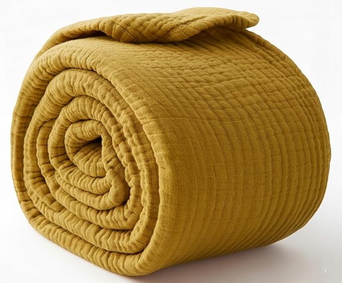 KyraHome 100% Cotton Muslin Throw Blankets for Couch, 50"x60" Pre-Washed Plant Dyed, Breathable, Lightweight Summer Throw Blankets for Adults, Picnic, All Season, Mustard Yellow