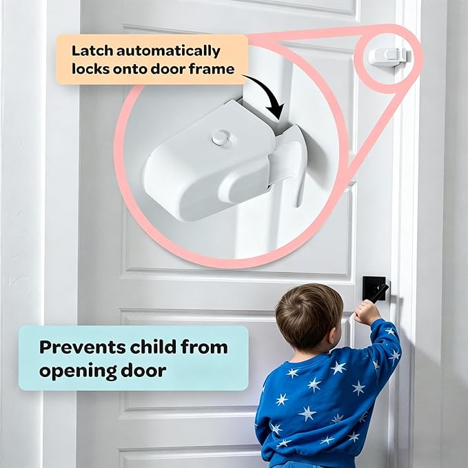 Child Proof Door Lock (2 Pack) – No Tools or Adhesives Required, Installs High Out of Reach of Toddlers & Pets, Dual-Side Release for Adults, Perfect for Home, Apartment, Travel