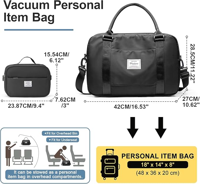 Vacuum Travel Bag for Women with Air Pump, Personal Item Carry on Bags with Seal Compression Pocket for Airlines, Weekender Overnight Bag for Women with Toiletry Bag，Black