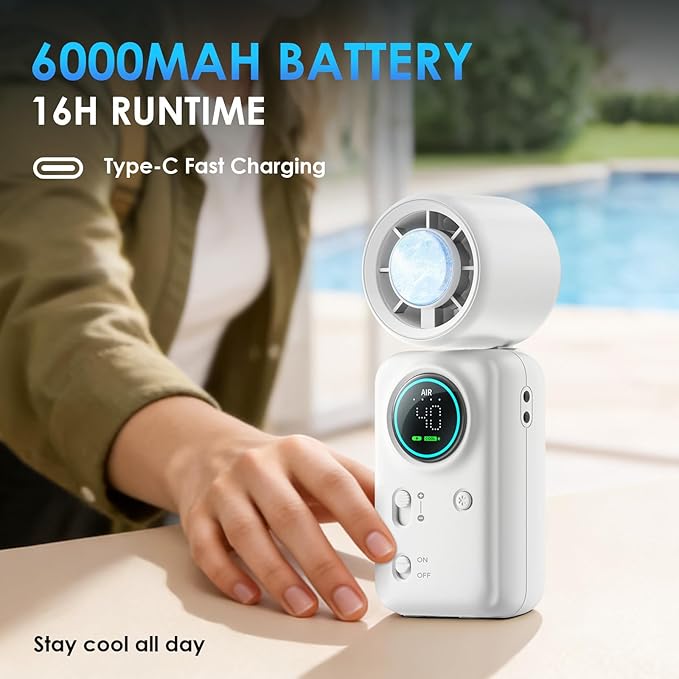 FurBall 4-IN-1 Portable Handheld Fan with Ice Cooling, High-speed Turbo Power 100 Gear Adjustable, LED Display, 6000mAh Rechargeable Battery, Foldable & Quiet Personal Fan for Travel, Office, Outdoor