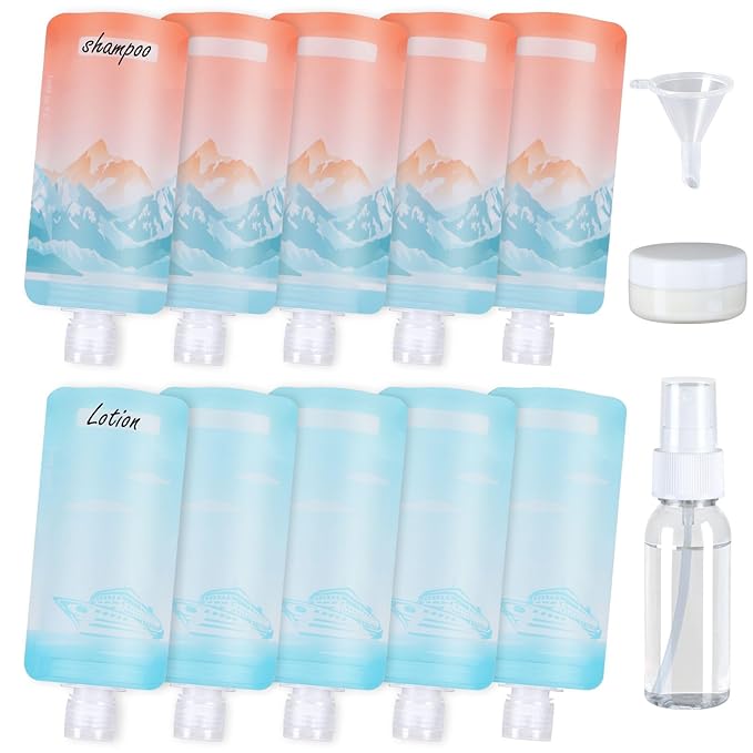 PACKISM 13 Pack Travel Pouches for Toiletries, 3 oz TSA Approved Liquid Containers, Leak Proof Squeeze Bags for Cruise & Camping, Space Saving Refillable Carriers, Brilliant Mountain Cruise Ship