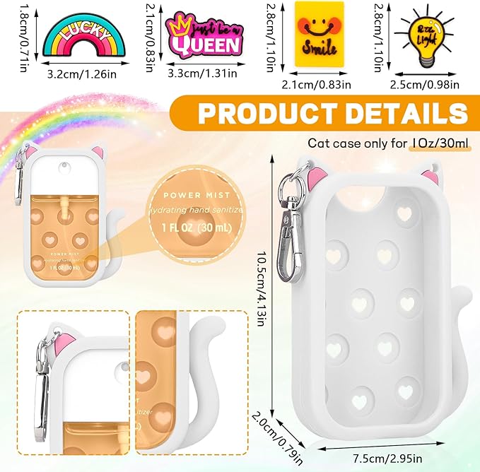 Cute Cat Silicone Cover for Touchland Hand Sanitizer Spray with Keychain,Fit 1FL OZ/30ML Power Mist,4 Charms Accessory Hand Sanitizer Keychain Holder for Touchland(1PCS White)