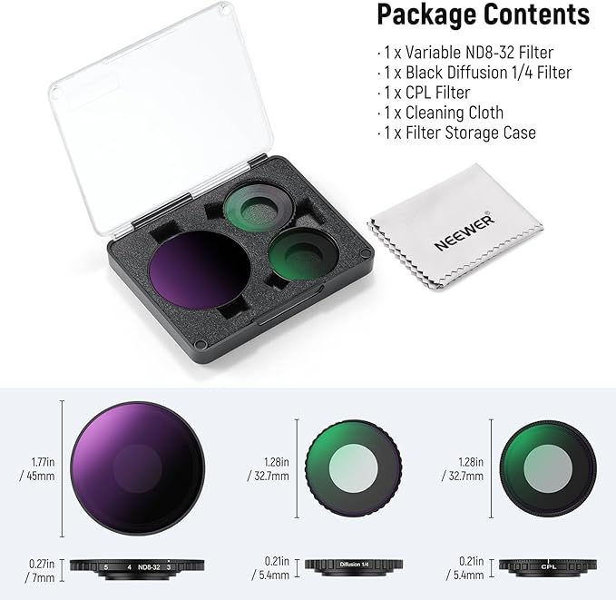 NEEWER ND Filter Kit Compatible with DJI Osmo Action 5 Pro/4, Variable ND8-32 (3-5 Stops) + CPL + Black Diffusion 1/4 Screw On Filter Multicoated HD Optical Glass Action Camera Accessories, FL-52
