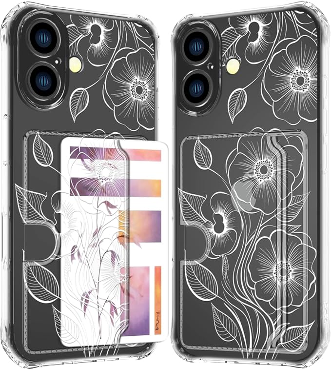 Compatible with iPhone 16 Plus Case Card Holder for Women Cute Design,Wallet Phone Cases Transparent Cool Kawaii Protective (Clear Seamless Abstract Flower)