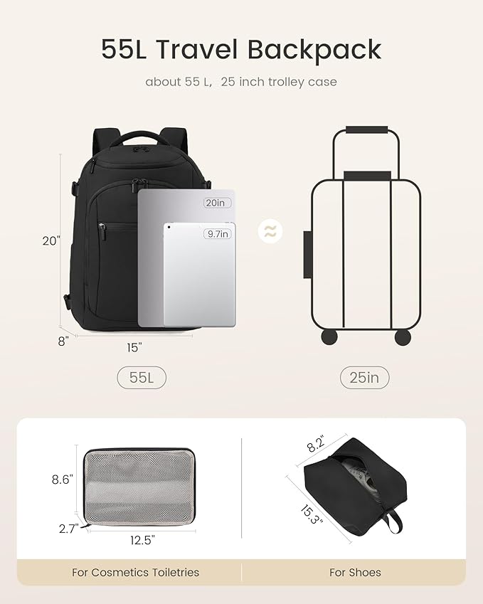 LOVEVOOK 50L Travel Backpack for Women & Men,Airline Approved Carry On Backpack with 3 Packing Cubes,TSA Waterproof Personal Item Bag,Weekender Overnight Essentials Backpacks fits 20" Laptop