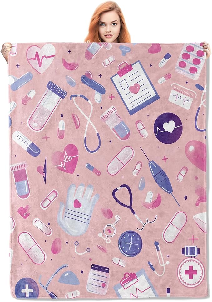 Pink Nurse Gifts Flannel Throw Blanket, 40"x50", Soft Warm Lightweight Cozy Plush Nursing Graduation Throws for Bedroom Sofa Office Home Decor Gifts for Women Girls