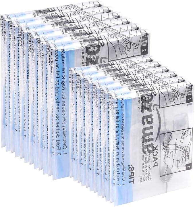 Amazon Basics Roll-Up Travel Compression Storage Bags for Clothes and Towels, No Vacuum Needed, Clear, 12 Pack (6 Small & 6 Medium)